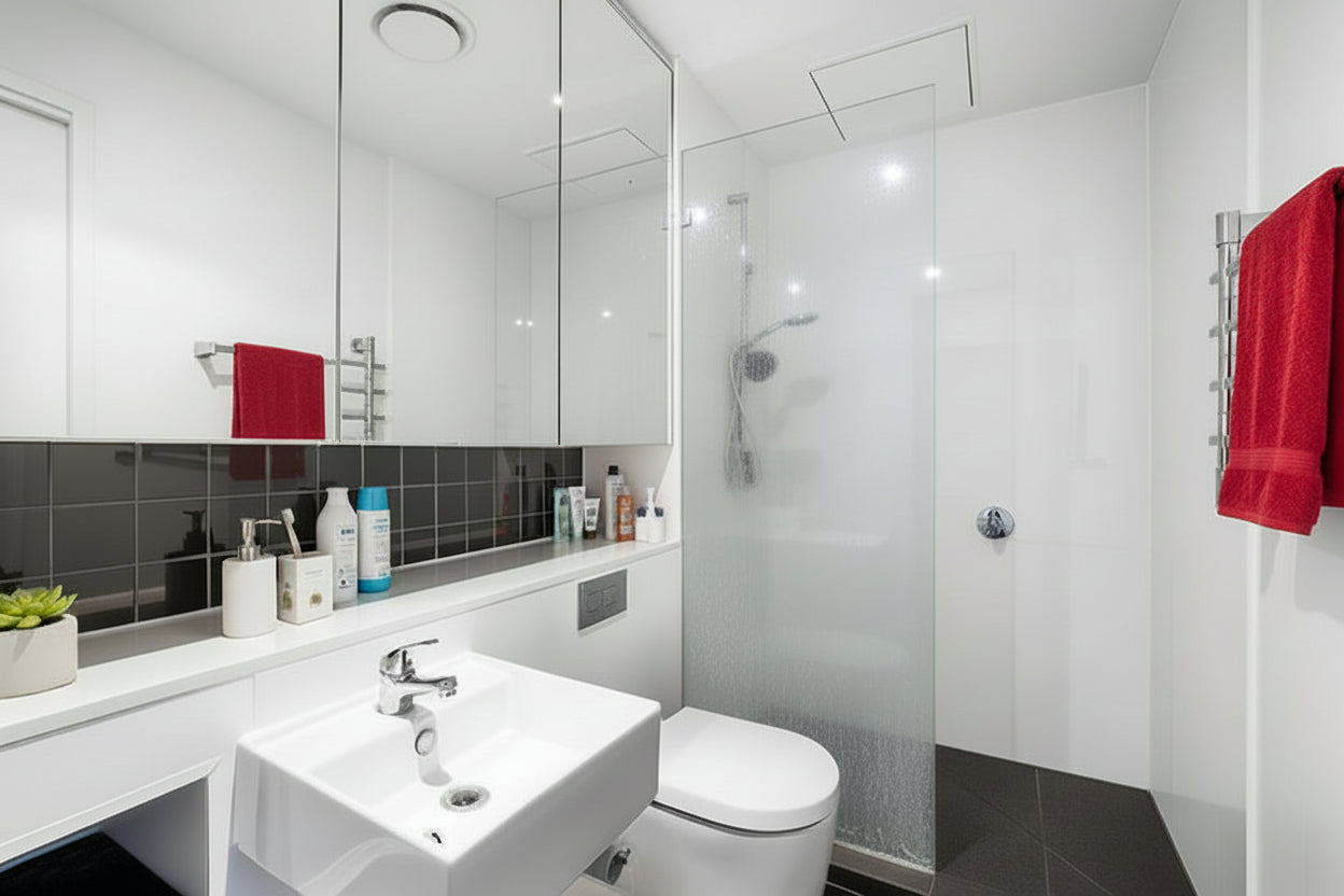 Plain, cloudy with use, glass shower in a real bathroom with white panels, a red towel on the rail, and small toiletries visible, showing a functional, lived-in space.