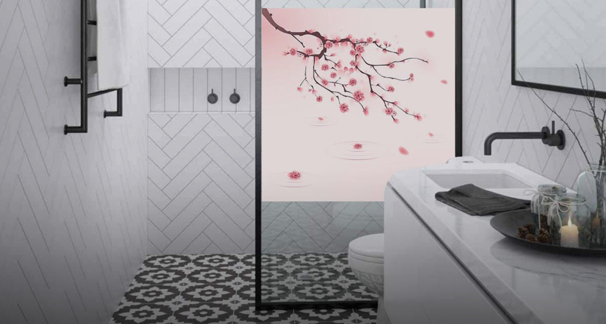 Modern bathroom with a cherry blossom glass shower screener accessory, sink, and decorative elements.